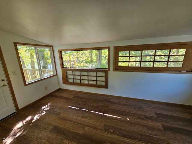 spare room featuring dark wood-type flooring and vaulted ceiling