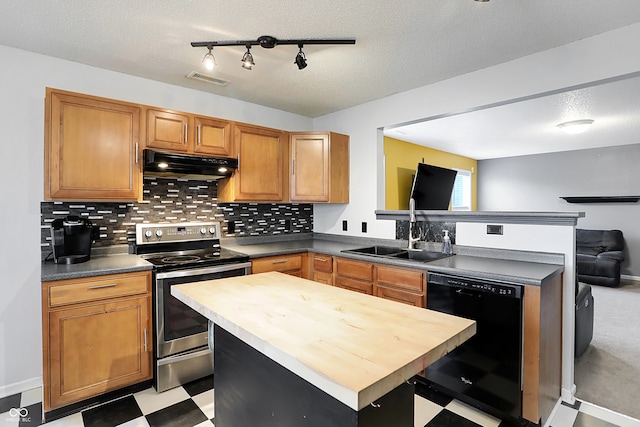 kitchen featuring black dishwasher, tasteful backsplash, butcher block counters, electric stove, and sink