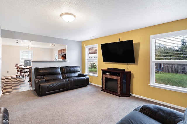 carpeted living room with a textured ceiling and a wealth of natural light