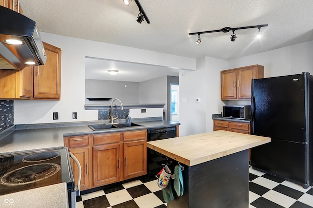 kitchen featuring rail lighting, wood counters, black appliances, sink, and ventilation hood