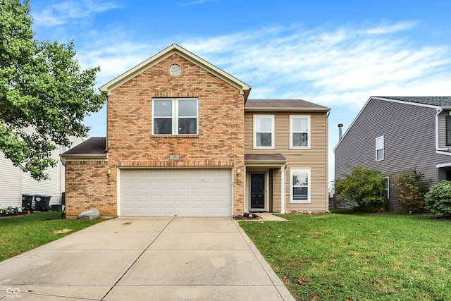 view of property featuring a garage and a front lawn