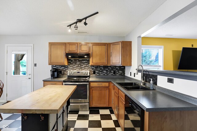 kitchen with dishwasher, decorative backsplash, sink, stainless steel range with electric cooktop, and butcher block countertops