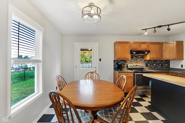 dining space with a textured ceiling