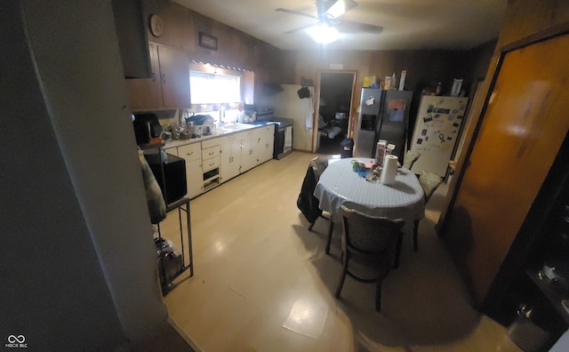 kitchen featuring stainless steel fridge and ceiling fan