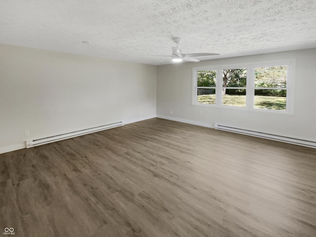 unfurnished room with a textured ceiling, ceiling fan, wood finished floors, and baseboard heating