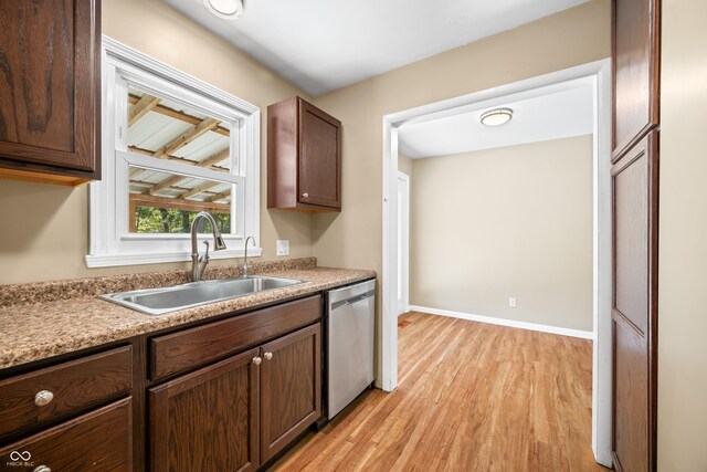 3233 Plum Creek Rd, Nashville, IN 47448 - kitchen with light wood-style floors, baseboards, light countertops, a sink, and dishwasher