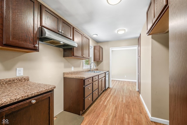 3233 Plum Creek Rd, Nashville, IN 47448 - kitchen featuring dark brown cabinetry, stainless steel dishwasher, a sink, light wood finished floors, and under cabinet range hood