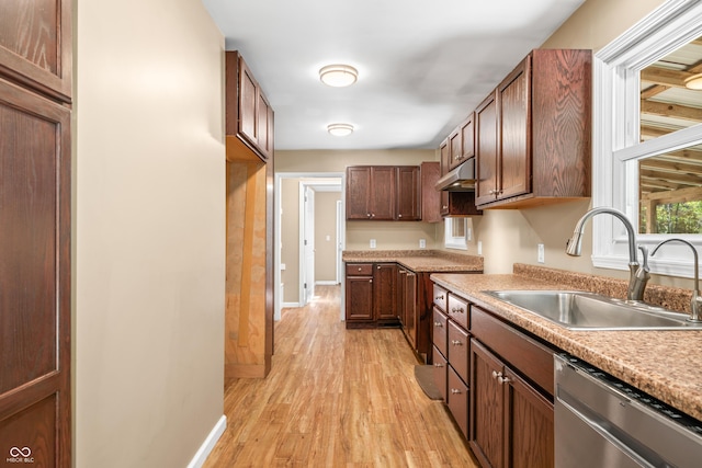 3233 Plum Creek Rd, Nashville, IN 47448 - kitchen featuring stainless steel dishwasher, light wood-style floors, light countertops, under cabinet range hood, and a sink