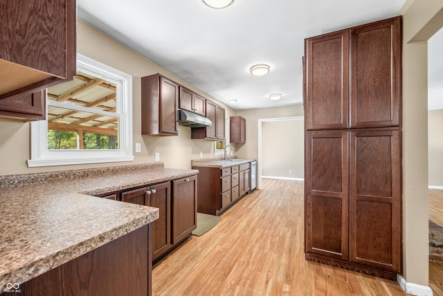 3233 Plum Creek Rd, Nashville, IN 47448 - kitchen with light wood-style floors, light countertops, under cabinet range hood, and a sink