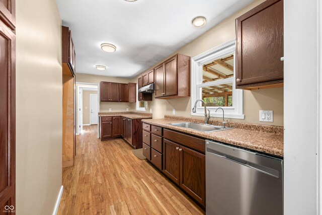 3233 Plum Creek Rd, Nashville, IN 47448 - kitchen featuring a sink, light wood-style floors, light countertops, stainless steel dishwasher, and under cabinet range hood