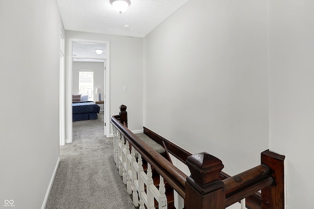 hallway featuring light carpet and a textured ceiling