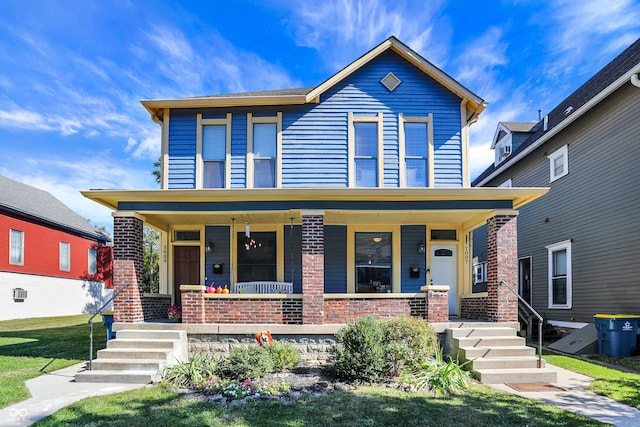 view of front of home featuring covered porch and a front lawn