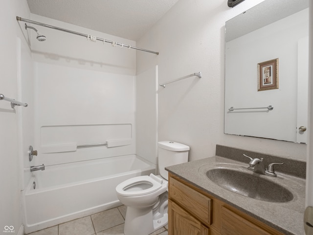 full bathroom with a textured ceiling,  shower combination, toilet, vanity, and tile patterned floors