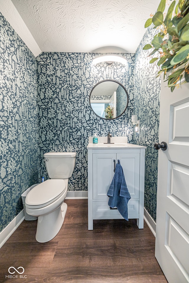 bathroom featuring vanity, toilet, wood-type flooring, and a textured ceiling