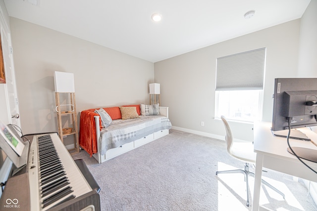 bedroom with light colored carpet