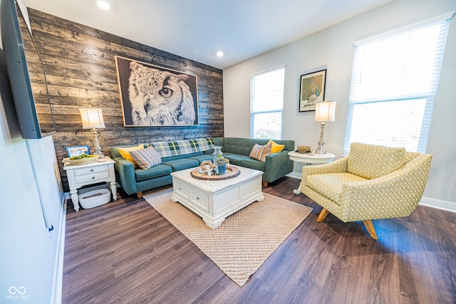 living room featuring wooden walls and dark hardwood / wood-style floors