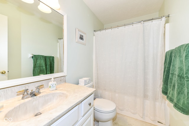 full bathroom featuring a textured ceiling, toilet, shower / bath combo, vanity, and tile patterned floors