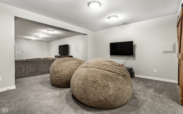 living area with a textured ceiling and dark carpet