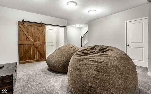 carpeted bedroom featuring a barn door and a textured ceiling