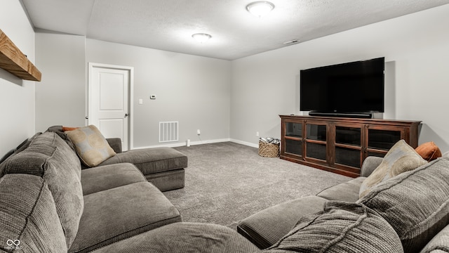 living room with a textured ceiling and carpet