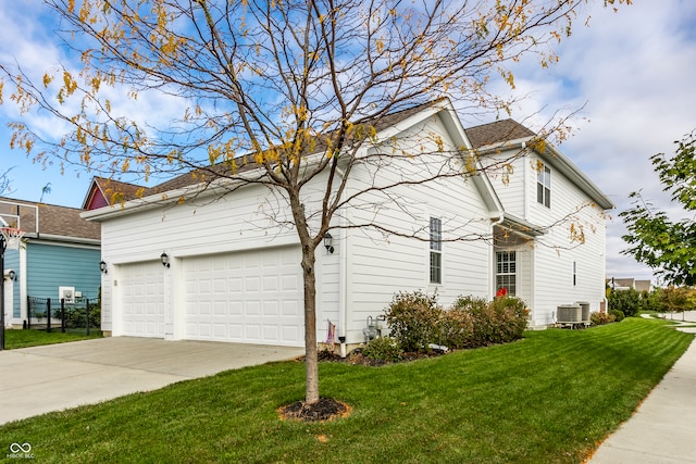 view of property exterior featuring cooling unit, a garage, and a lawn