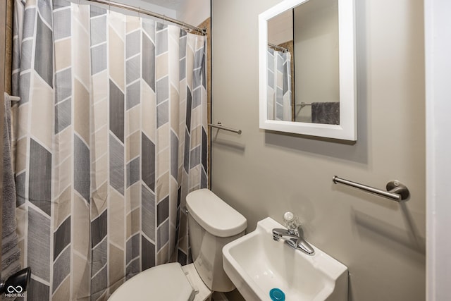 full bathroom featuring toilet, a shower with curtain, and a sink