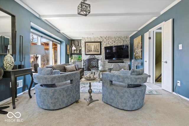 living area with beam ceiling, carpet flooring, baseboards, and ornamental molding