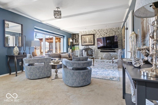 living area featuring carpet, baseboards, and ornamental molding