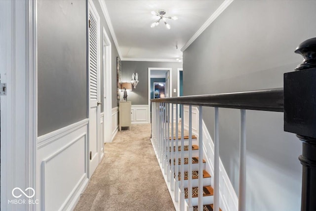 hall featuring wainscoting, a decorative wall, light colored carpet, and ornamental molding