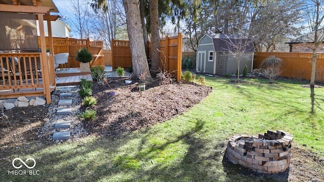 view of yard featuring a deck, a fenced backyard, an outdoor fire pit, a storage shed, and an outdoor structure