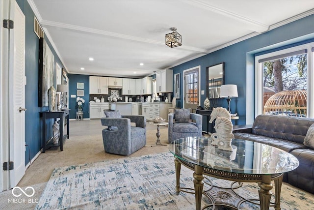 living area featuring recessed lighting, baseboards, light carpet, and crown molding