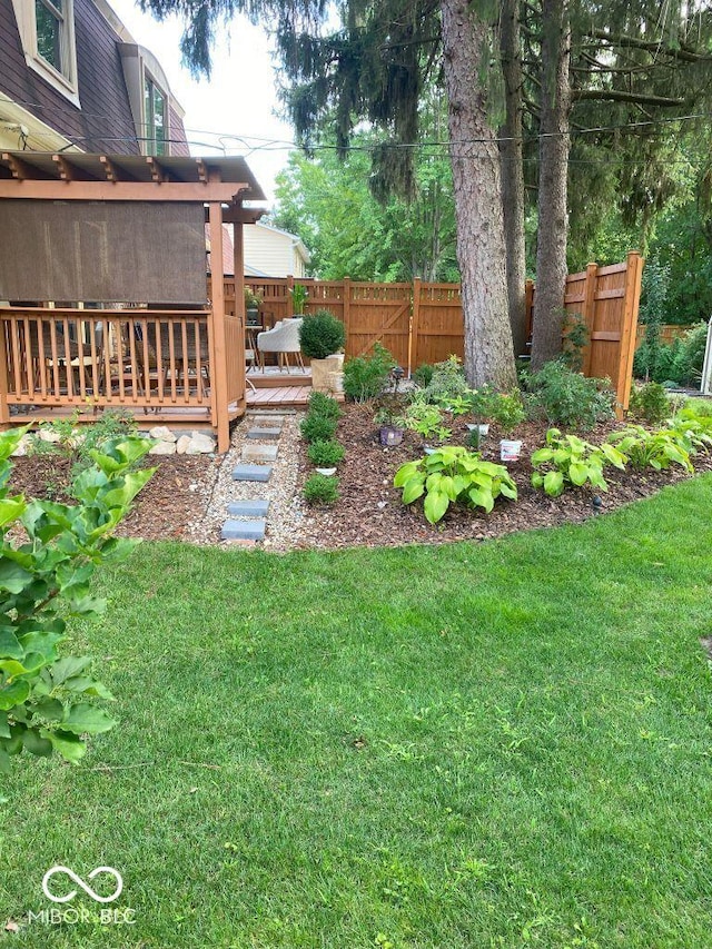 view of yard featuring fence and a wooden deck