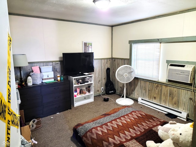 carpeted living room with a wall unit AC, a textured ceiling, baseboard heating, and wooden walls