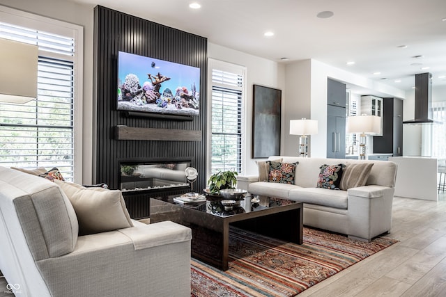 456 Monon Way Dr, Carmel, IN 46032 - living area featuring a glass covered fireplace, wood finished floors, and recessed lighting