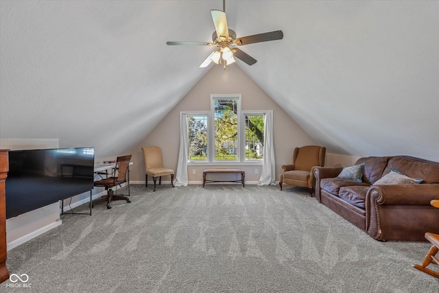 additional living space featuring lofted ceiling, carpet flooring, and ceiling fan