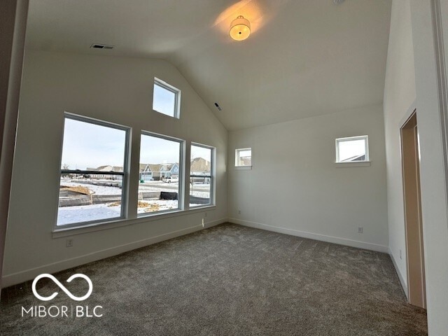 bonus room with high vaulted ceiling and dark carpet