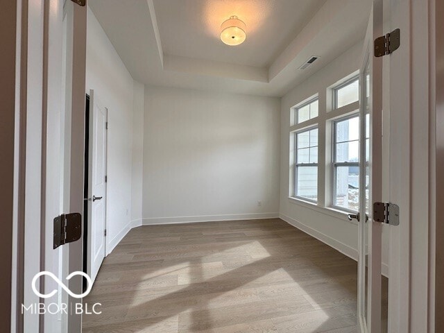 spare room with light hardwood / wood-style flooring and a tray ceiling