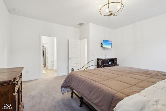10008 Sundley Dr, Indianapolis, IN 46239 - bedroom with visible vents, baseboards, light carpet, ensuite bath, and a notable chandelier