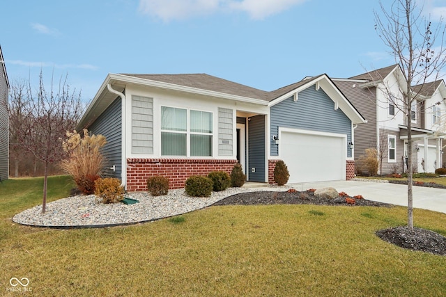 10008 Sundley Dr, Indianapolis, IN 46239 - view of front of property featuring concrete driveway, an attached garage, a front lawn, brick siding, and a shingled roof