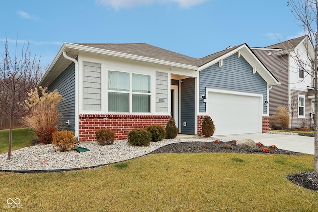 10008 Sundley Dr, Indianapolis, IN 46239 - view of front of home with an attached garage, brick siding, a front lawn, roof with shingles, and driveway