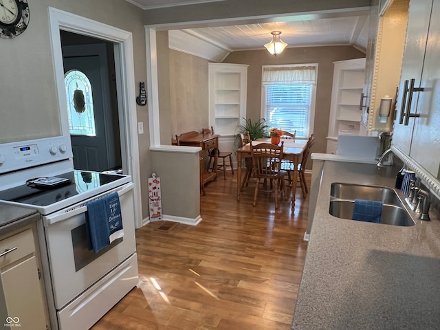 kitchen featuring sink, vaulted ceiling, white electric range, wooden ceiling, and light hardwood / wood-style flooring