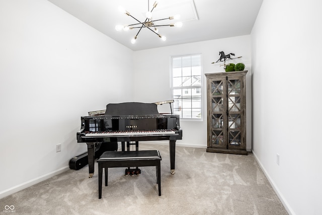 misc room featuring a chandelier and carpet floors