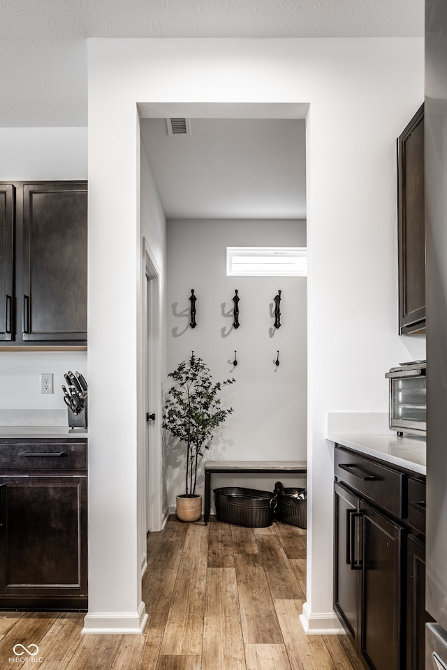 interior space featuring dark brown cabinets and light wood-type flooring