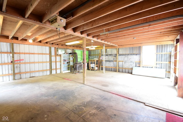 basement with a wood stove