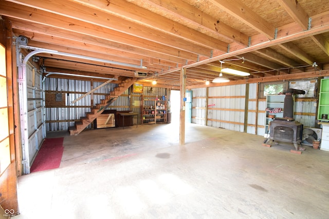 garage with a wood stove