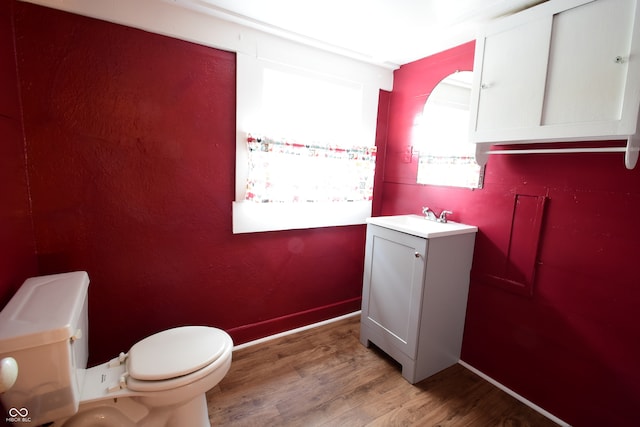 bathroom with vanity, hardwood / wood-style floors, and toilet