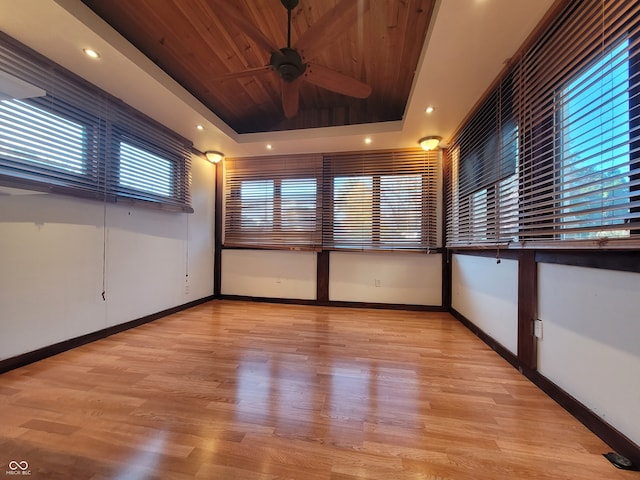 spare room featuring a raised ceiling, ceiling fan, light hardwood / wood-style floors, and plenty of natural light