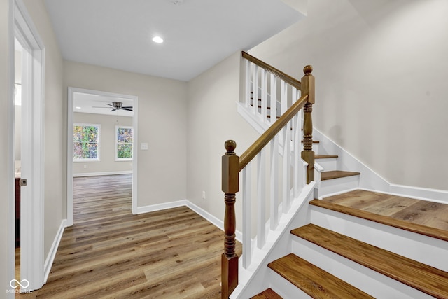 stairs featuring hardwood / wood-style flooring and ceiling fan