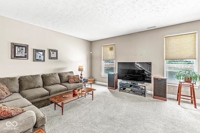 living room with carpet and a textured ceiling