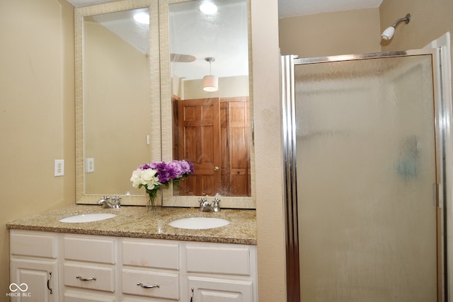 bathroom with vanity and a shower with shower door